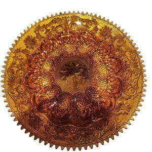 Vintage Indiana Tiara amber glass deviled egg platter "Sandwich" pattern sawtoot